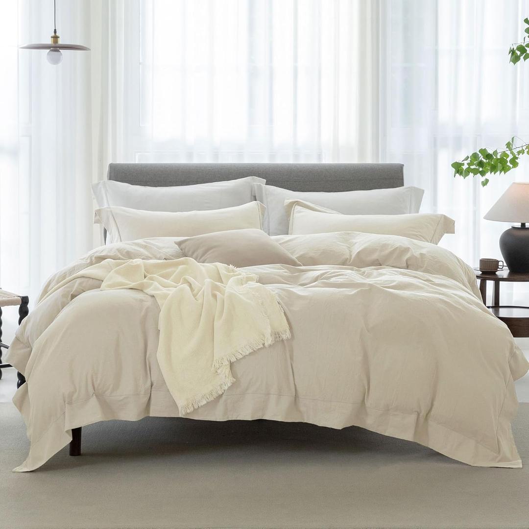 Cooling King Duvet Cover Set 3 Pieces-100% Washed Cotton with Chic Wide Trim Design Linen Like Textured Ultra Soft Cozy Bedding with Zipper Closure(Hemmed Almond Grey,King 104"x90")