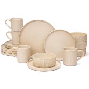OTAGO 16-Piece Dinnerware Set for 4 with Mugs, Ribbed Stoneware Plates and Bowls Sets, Unique Handcrafted Reactive Glaze, Chip and Scratch Resistant Dish Set, Microwave & Dishwasher Safe, Yellow