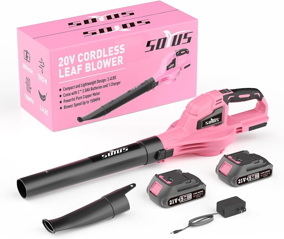 SOYUS Leaf Blower, 20V Leaf Blower Cordless with 2x2.0Ah Battery and Charger, 150 MPH Electric Leaf Blowers with Two-Speed Mode, Blowers for Lawn Care, Debris Dust CleaningPink SOYUS Leaf Blower, 20V Leaf Blower Cordless with 2x2.0Ah Battery and Charger, 150 MPH Electric Leaf Blowers with Two-Speed Mode, Blowers for Lawn Care, Debris Dust CleaningPink