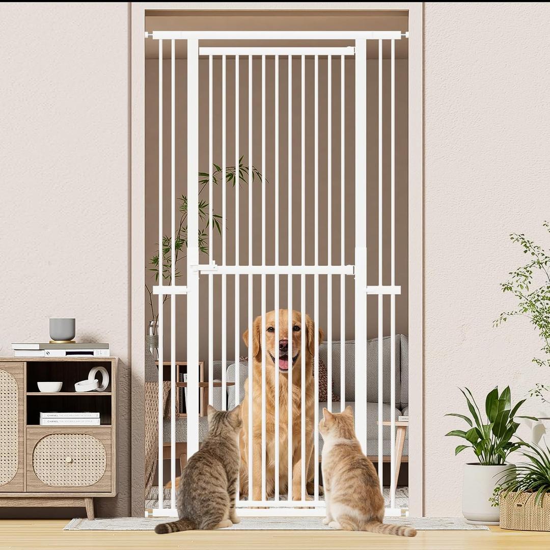 Snuowu 51"-87" Extra Tall Pet Gate for Cats, 29.5"-40.5" Wide Pressure Mounted No-Drilling Safety Dog Gate, Metal Walk-Thru Barrier for Doorways, Stairs, Kitchens, White