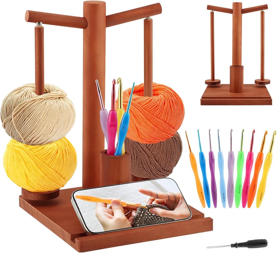 Yarn Holder for Crocheting and Knitting, 2-Spindles Magnetic Wooden Yarn Spinner Spool Rack with Phone Stand and Crochet Accessories Storage Cylinder, Gifts for Crochet Lovers(Color:Brown)