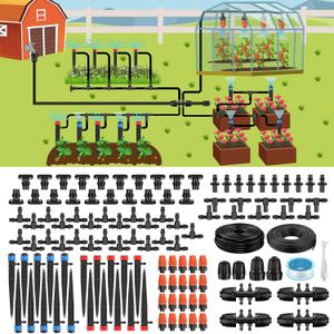 Pawfly Drip Irrigation System for Garden, 240FT Drip Irrigation Kit with 1/2" & 1/4" Tubing Adjustable Emitters Fittings and Accessories, Garden Watering System for Garden Greenhouse Lawn Yard