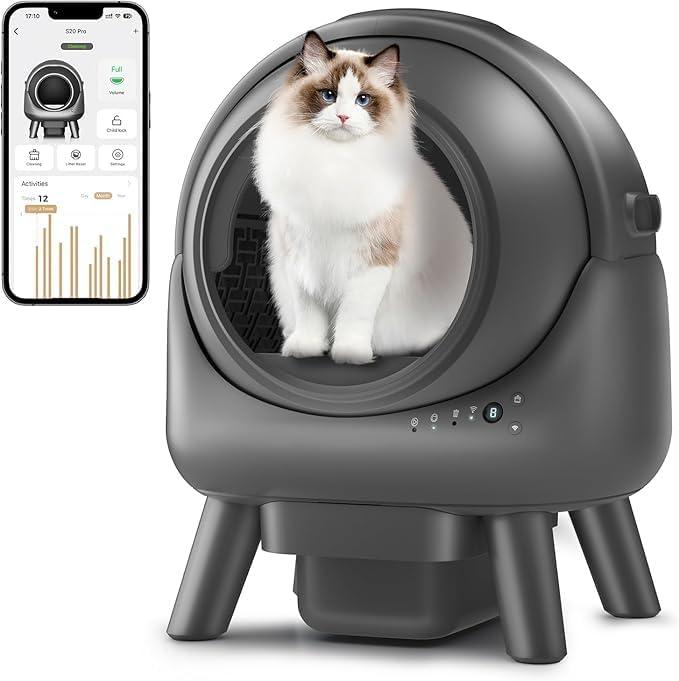 Self Cleaning Litter Box,Automatic Cat Litter Box for Multiple Cats,Robot with APP Control,Smart Dual Safety Protection,Odor-Free Waste Disposal Includes Trash Bags,Grey S20