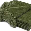 RECYCO Throw Blanket Soft Cozy Chenille Throw Blanket with Fringe Tassel for Couch Sofa Chair Bed Living Room Gift (Loden Green, 50'' x 60'')