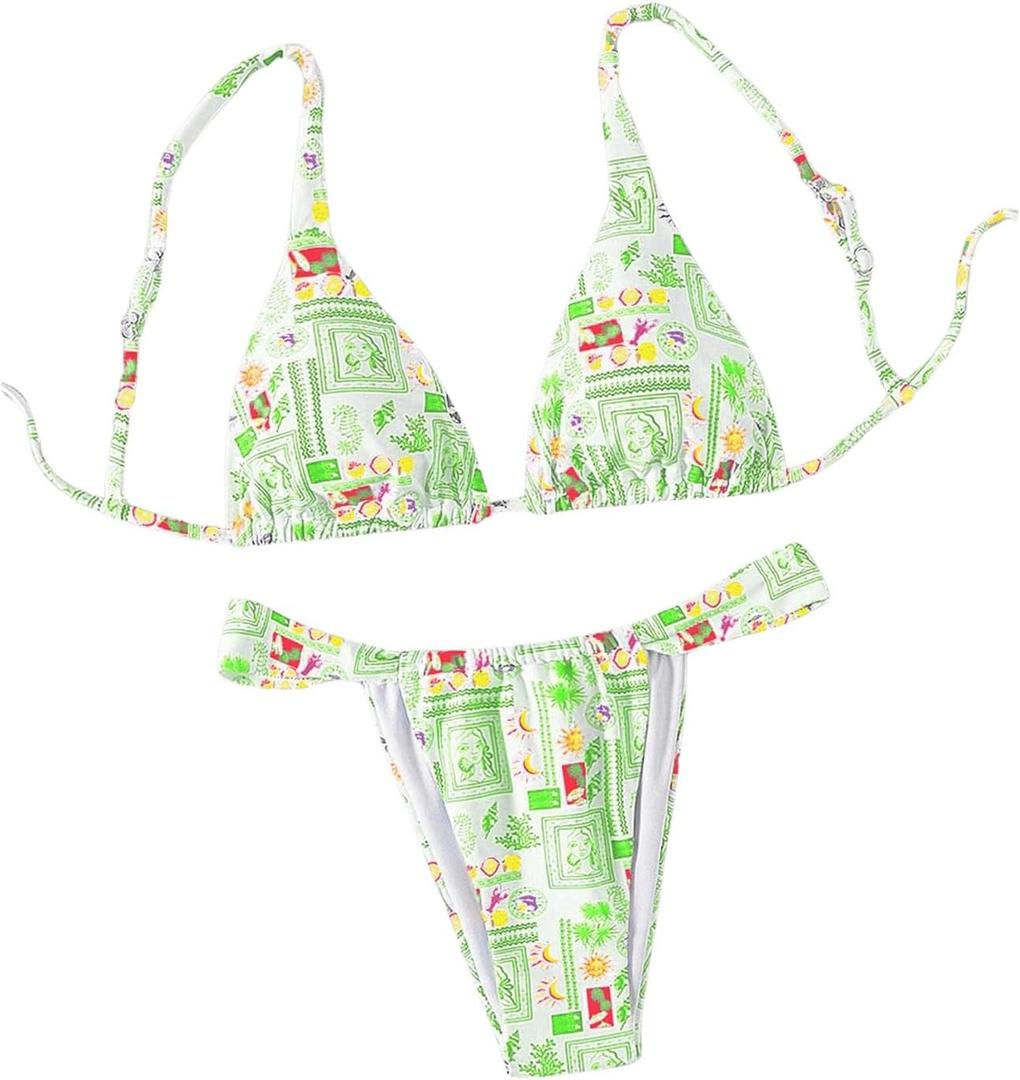 Women's 2 Piece Bathing Suit Graphic Boho Triangle Swimsuits Thong Cheeky Floral Bikini Set (X-Large, Green)
