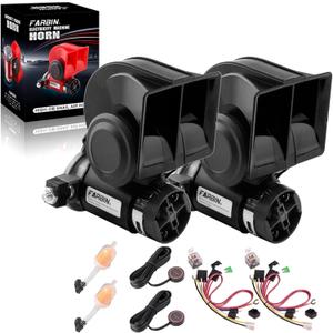 FARBIN Air Horn for Truck 2Pcs, Compact Train Horn, Electric Car Horn 12V 150db Super Loud with 2Pcs Wiring Harnesses and Buttons, for Any 12V Vehicles (Black horn with button, 2pcs)