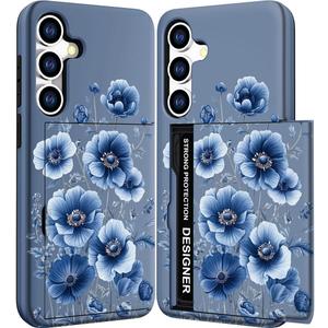 DYZTUNOCA Compatible with Samsung Galaxy S23 Case Wallet Cute for Women with Design,Rugged Credit Card Holder Slot Protective Phone Skin Cases - Blue Navy Floral