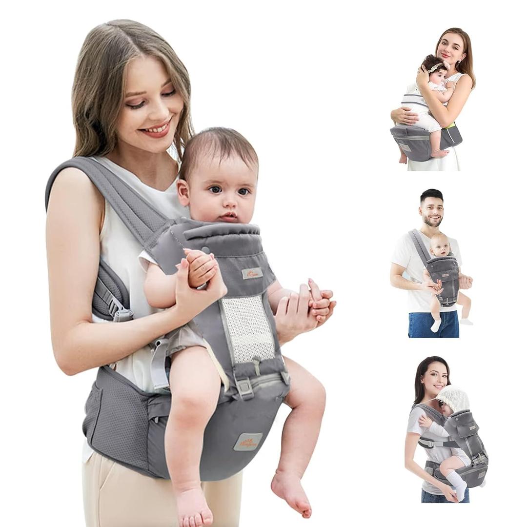 Baby Carrier with Hip Seat, 6 in 1 Baby Carrier Newborn to Toddler, Adjustable Infant Carrier with Hood, All Seasons & All Position Baby Holder Carrier for Breastfeeding (Grey upgrade)