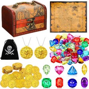 Yookeer 88 Pcs Pirate Treasure Chest for Kids, Antique Color Big Treasure Chest Box, Hunt Map, Gold Coins, Necklaces, Gems for Pirate Themed Party Favors(Map Style)