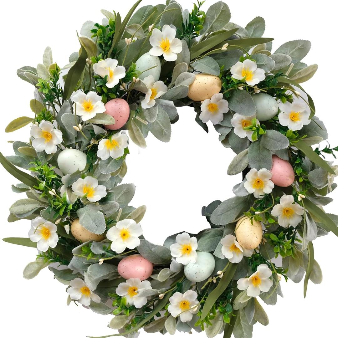 22 Inch Spring Easter Green Leaves Wreath for Front Door, Easter Bunny Wild Flower Eggs Wreath for Home Decoration, Rustic Farmhouse Lamb Ears Floral for Home