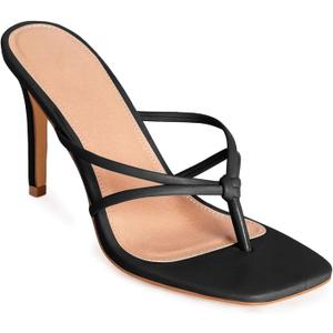 Coutgo Womens Strappy Heeded Sandals Square Toe Flip Flops Fashion Stiletto Thong Slip On Sandals (8, Black)