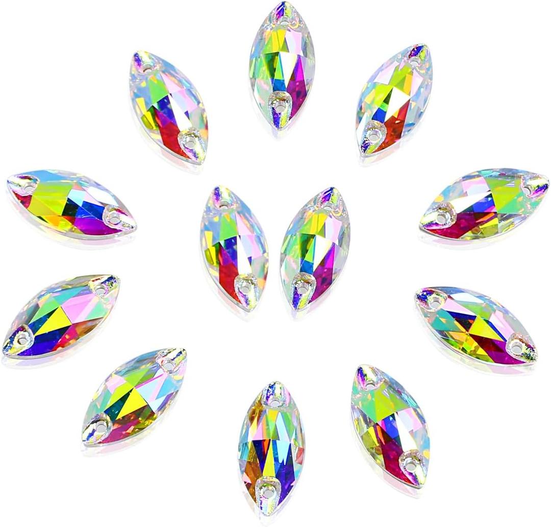 DONGZHOU Sew On Rhinestone AB Sewing Stone with Holes Navette Shape Beads Crystals Flat Back Glass Rhinestones Crystal Gems Clothing Accessories for Costume, Clothes, Garments, DIY Crafts 10 * 5