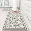 Beige Minimalist Black Line Art Herb Leaves Kitchen Rug Sets [2 PCs], Anti-Fatigue, Waterproof Non-Slip Kitchen Mats Heavy Duty Comfort Foam Rug for Kitchen, Floor, Laundry,17"x29"+17"x47"