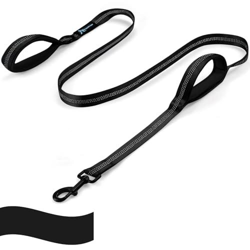 PuppyDoggy Dog Leash for Large Medium Dogs 6Ft x 1" Reflective Stitching With 2 Traffic Padded Handles - Lead Rope for Running Walking Training (All Black 1 Pack)