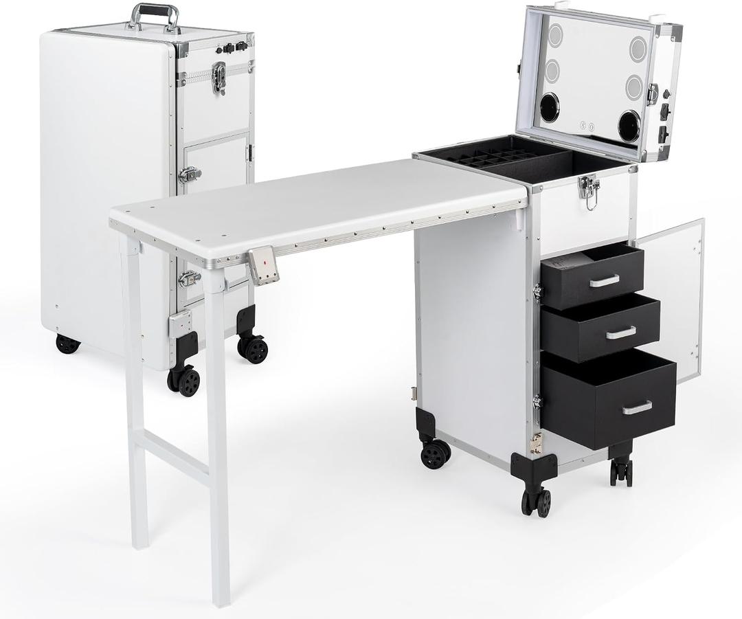 Portable Manicure Table 3 Drawers, Rolling Lockable Makeup Train Case with Blueteeth Speaker and Nail Polish Organizer, Foldable Nail Desk with Mirror & TSA Lock for Nail Tech and Salon Use, 52 x 15.4 x 27.3 inches