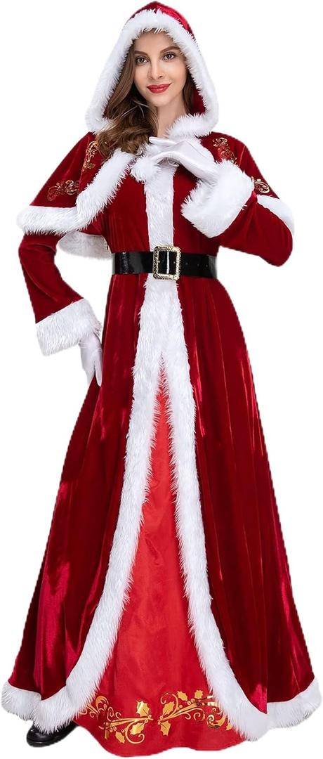 nezababycos Mrs Claus Costume Women Santa Claus Dress Christmas Suit with Red Hooded Cape Hat Outfits for Party Cosplay (Red, L)