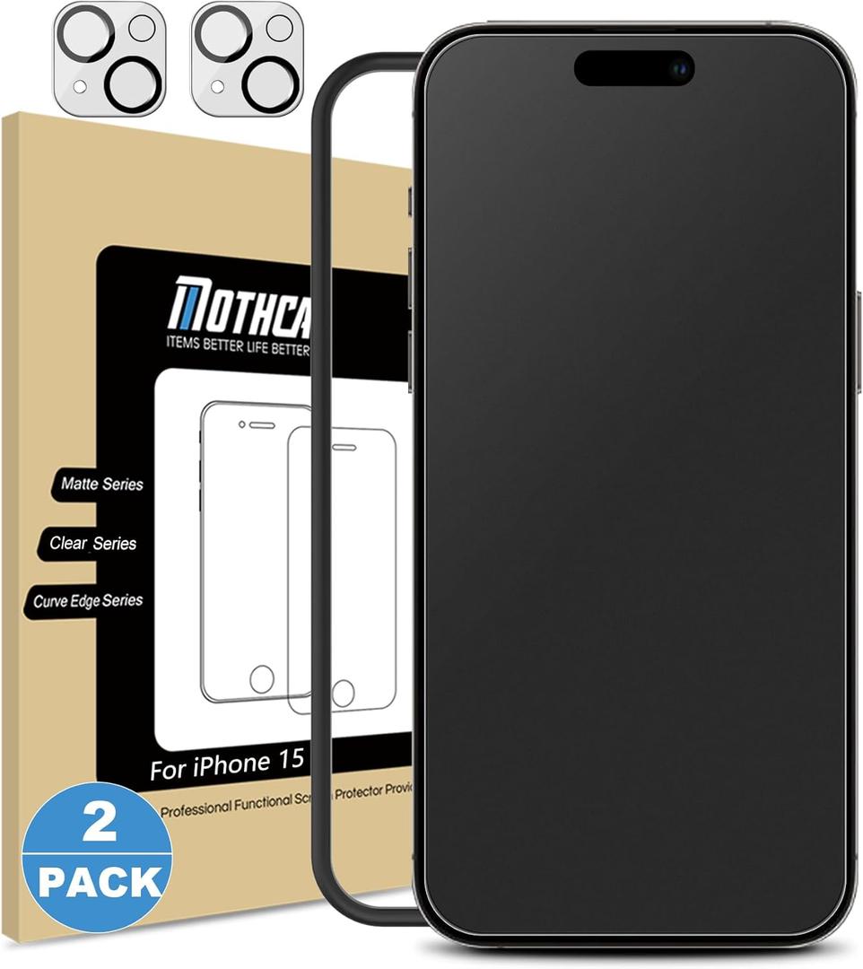 Mothca 2 Pack Matte Glass Screen Protector for iPhone 15 [6.1 inch] + 2 Pack Camera Lens Protector, Anti-Glare & Anti-Fingerprint Case Friendly Tempered Glass Film, Bubble Free, Smooth as Silk