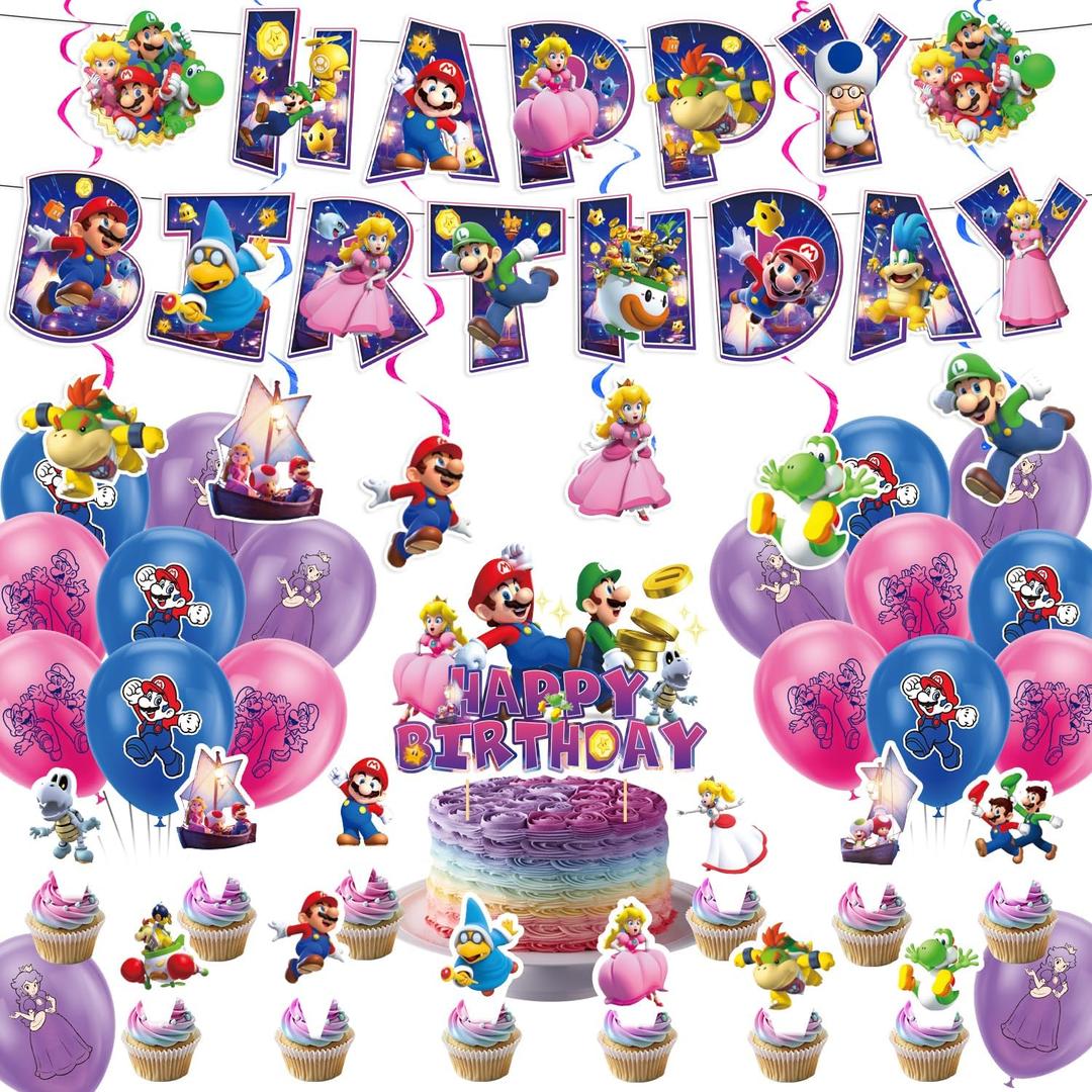 38 Pcs Mario Party Decorations, Classic Games Mario Bros Happy Birthday Decorations, Includes 1 Banner, 6 Spiral Decorations, 18 Balloons, 1 Cake Topper, and 12 Dessert Decorations