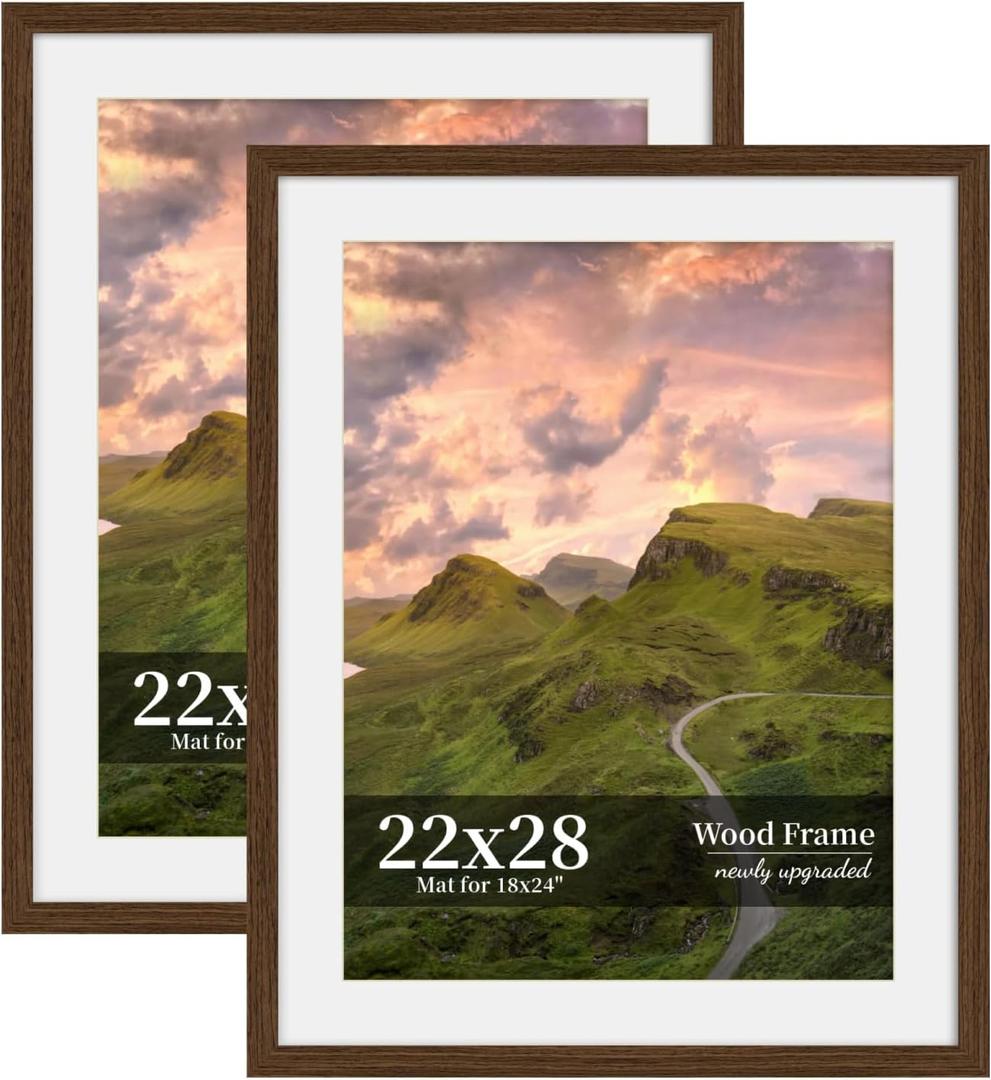 22x28 Picture Frame Set of 2, Wood Frame with Real Glass, Wide Border, 22X28 in