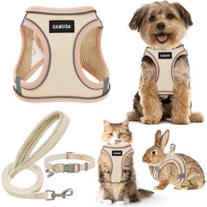 GAMUDA Small Pet Harness Collar and Leash Set, Step in No Chock No Pull Linen Fabric Soft Mesh Dog Vest Harnesses Reflective for Dogs Puppy Cats Kitten Rabbit (Khaki, M)