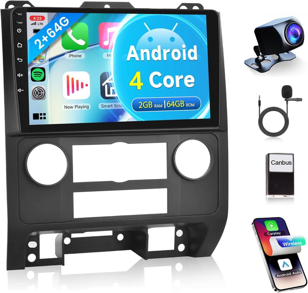 4Core 2G+64G Car Radio for Ford Escape 2007-2012/Mazda Tribute 2007-2012, Rimoody Android Car Stereo Carplay Android auto 9 Inch Touch Screen GPS Navigation WiFi Bluetooth FM + Backup Camera