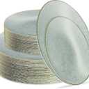 PLASTICPRO 64 Pack Elegant Disposable Plastic Plates Combo Set Includes 32 Dinner Plates and 32 Salad Plate Heavy Duty Fancy Party Plate Green Granite Plates with Gold Rim