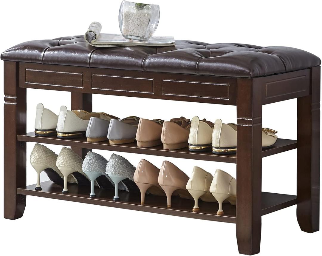 LEILISI Shoe Bench, Storage Rack Organizer with Cushion 2 Tier Lift Top Shoe Rack for Entryway Living Room Bedroom Hallway Wooden Furniture (Brown, 31.5'')
