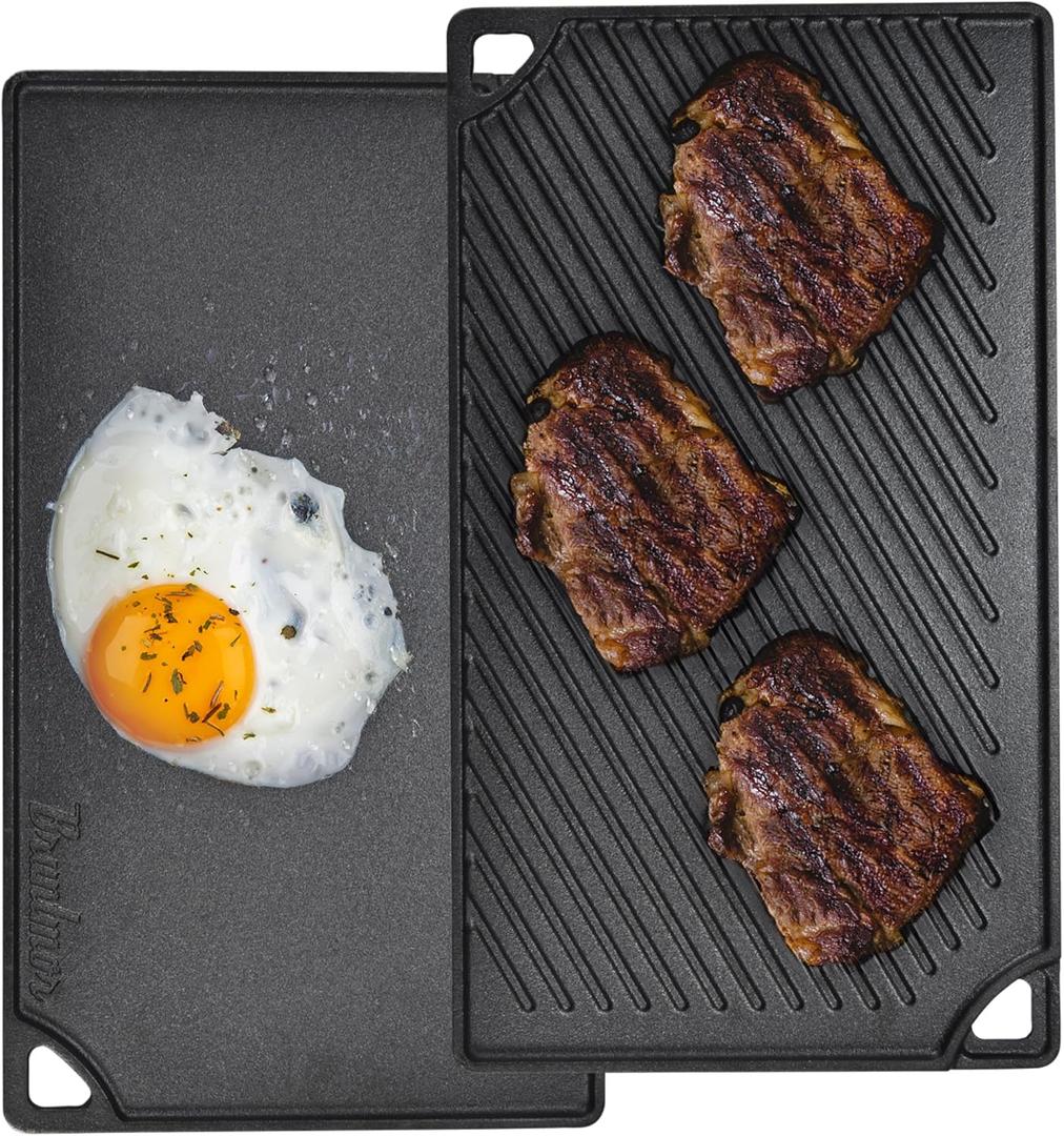 Bruntmor 2-in-1 Reversible Grill Plate - Pre-Seasoned Cast Iron Griddle Pan for Gas Stovetop, Oven, or Open Fire - 17x10-Inch Rectangular Double Sided Flat Pan for Camping, Roasting, and Grilling