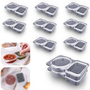 2 x VOUKEN 10Pcs Double Compartment Condiment Container with Lid Double Compartment Snack Containers Double Compartment Snack Containers for to-go Sauce, Sampling, Travel Snack (Transparent 10PCS)