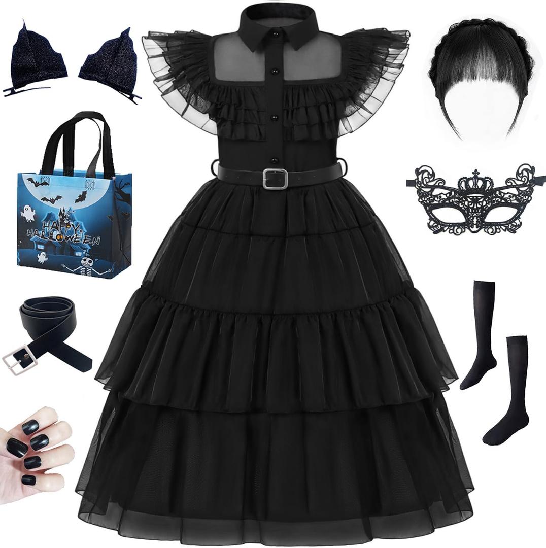 SZ-TONDA Girls Princess Dress Costume Black Outfit Kid Role Cosplay Halloween Birthday Party Apparel Clothes Accossories (7-8 Years)