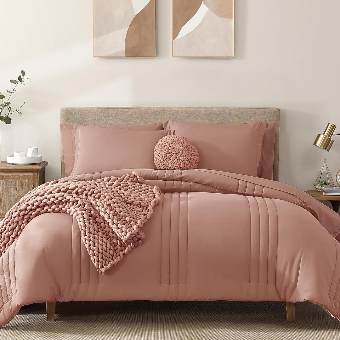 Monbix King Size Comforter Set - 7 Pieces Bed in a Bag King, Clay Pink Bedding Sets with Comforter, All Seasons Comforter Bed Set with Sheets, Pillowcases & Shams (King(102"X90"))