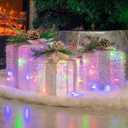 FUNPENY Set of 3 Christmas Lighted Gift Boxes, Plug in 60 LED Light Up Tinsel Present Box Decorations for Outdoor Indoor Christmas Tree, Yard, Home Decor (Max. Size 7.5 x 7.5 x7.1 Inch) (Multicolor)