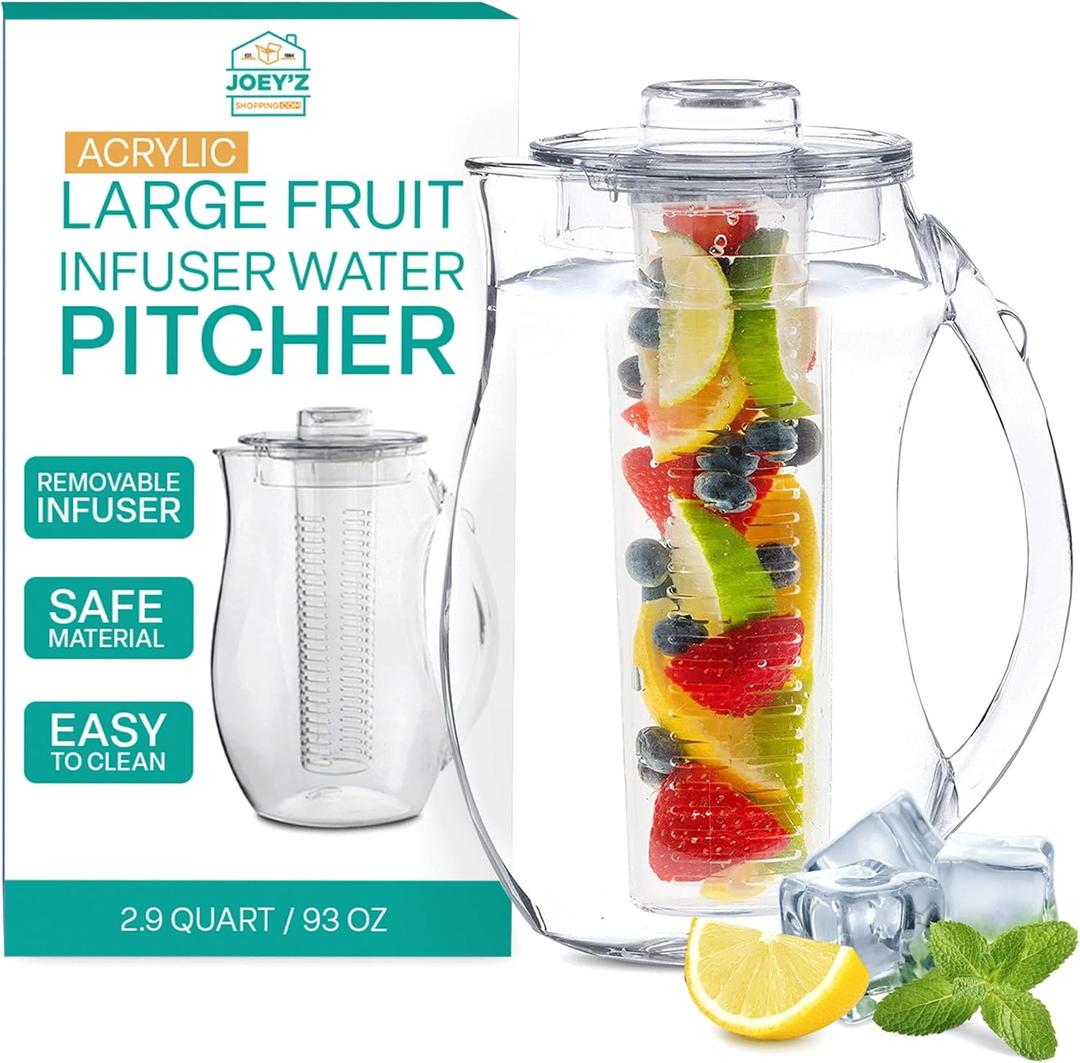 Large Fruit Infuser Water Pitcher (2.9 Quart / 93 Oz)  Shatterproof Acrylic Infusion Jug for Iced Tea, Juice, Beverages, Water, Lemon, Fruit & Herbs  BPA Free