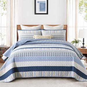 DJY Navy Blue Striped Quilt Queen Size, Boho Blue Tan Striped Bedspread Coverlet Set Soft Microfiber Bohemian Patchwork Quilt Bedding Set 3 Pieces for All Season