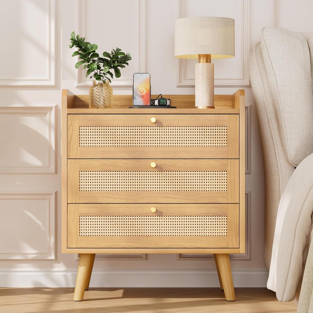 Rattan Night Stand with Charging Station, End Tables with 3 Drawer Dresser, Boho Bedside Table, Mid Century Modern Nightstand, RuralCabinet for Farmhouse Bedroom Living Room Sofa Couch Office Corner