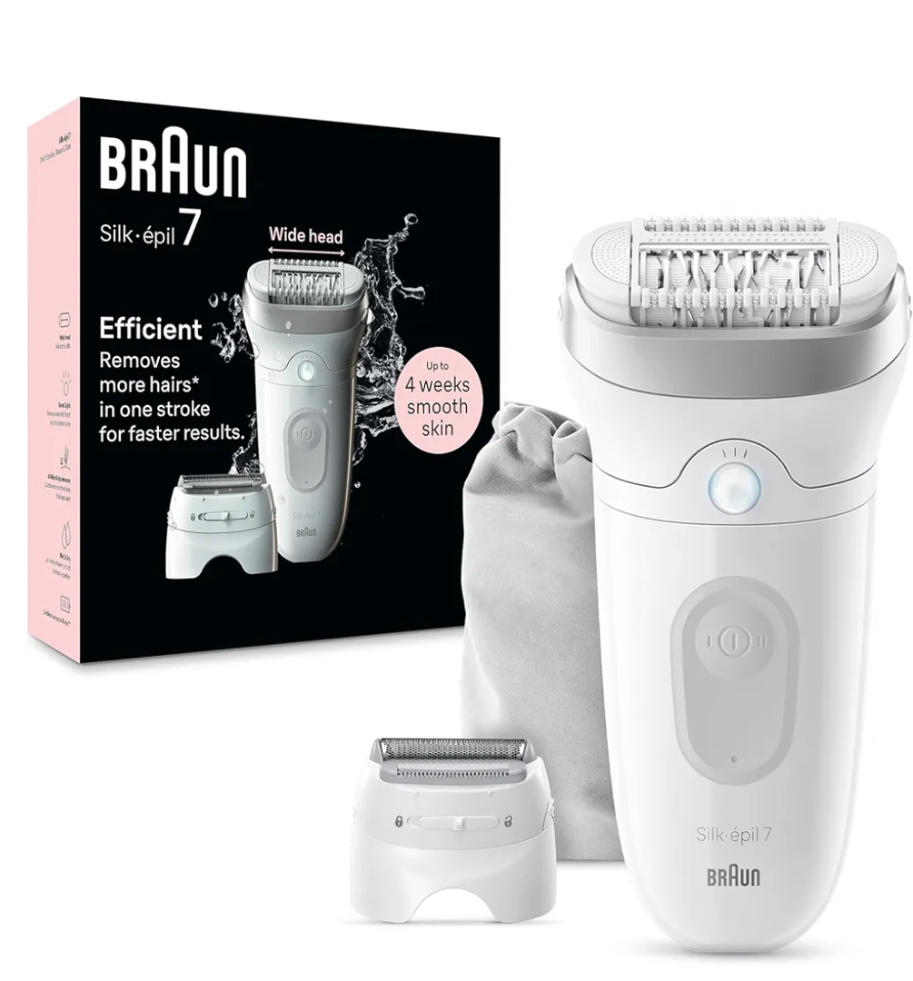 Braun Epilator Silk-épil 7, Hair Removal Device, Women Shaver & Trimmer, Wet and Dry, Wide Head, Includes Shaver Head and Trimmer Comb, SE7-041, Silver