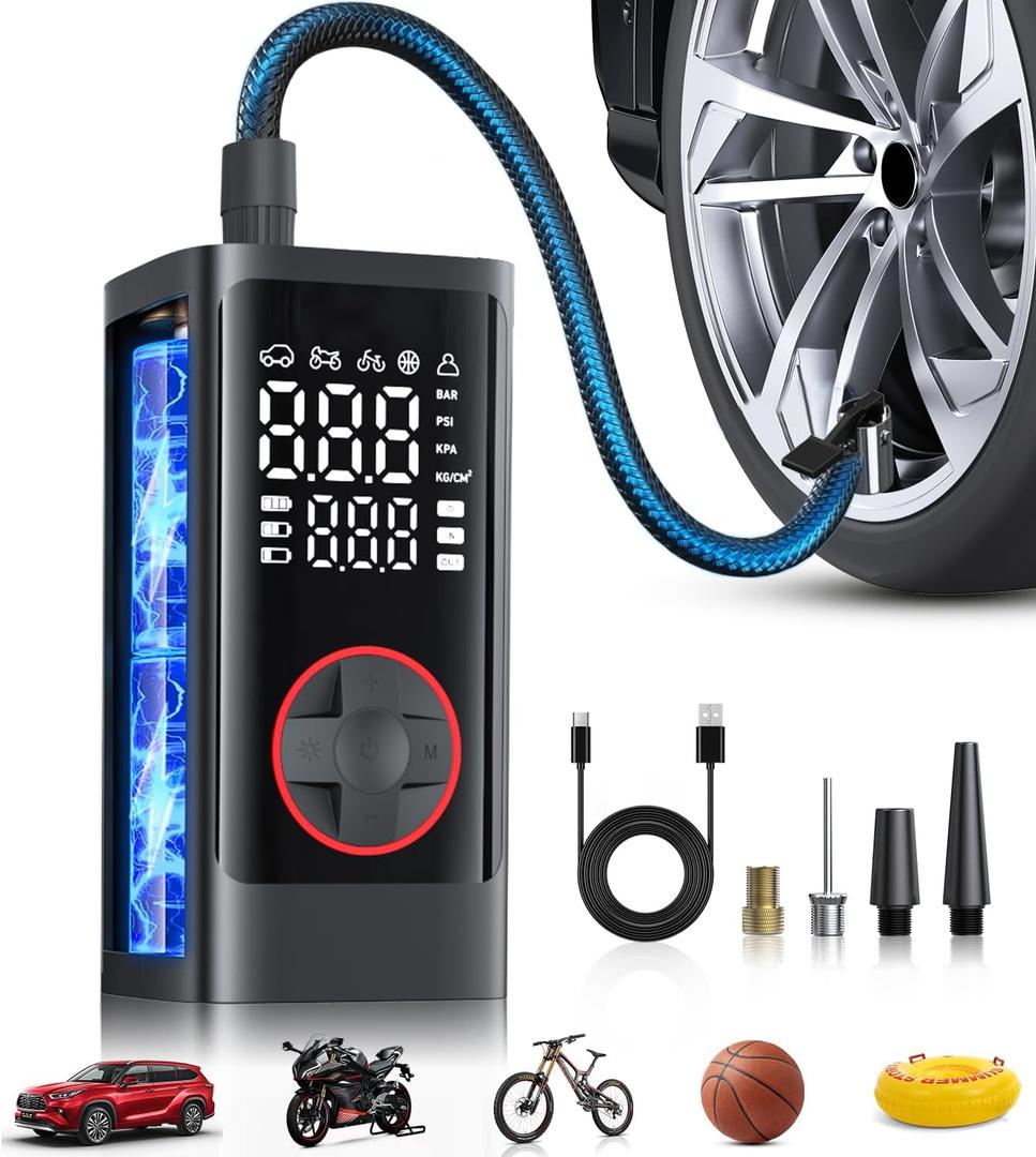 Tire Inflator Portable Air Compressor, 150PSI Cordless Air Pump for Car Tires, Bike Tire Pump with Pressure Gauge, Auto Shut Off, LED Light for Car Motorcycle Bicycle (Black)