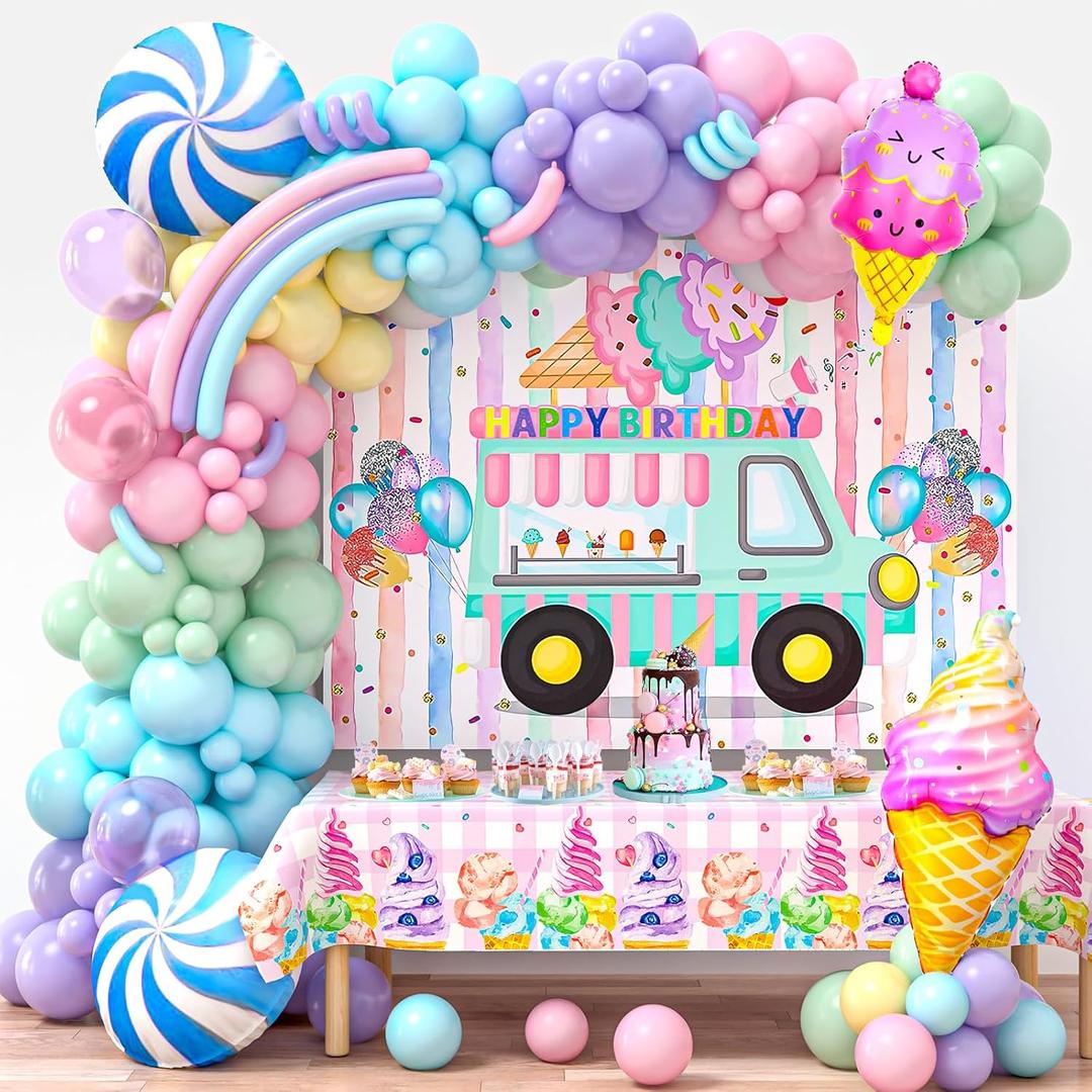 Winrayk Ice Cream Party Decorations Birthday Supplies for Girls, Pastel Balloon Arch Kit with Backdrop Tablecloth Lollipop Balloon Long Strip Balloon, Two Sweet One Candyland Ice Cream Birthday Decor