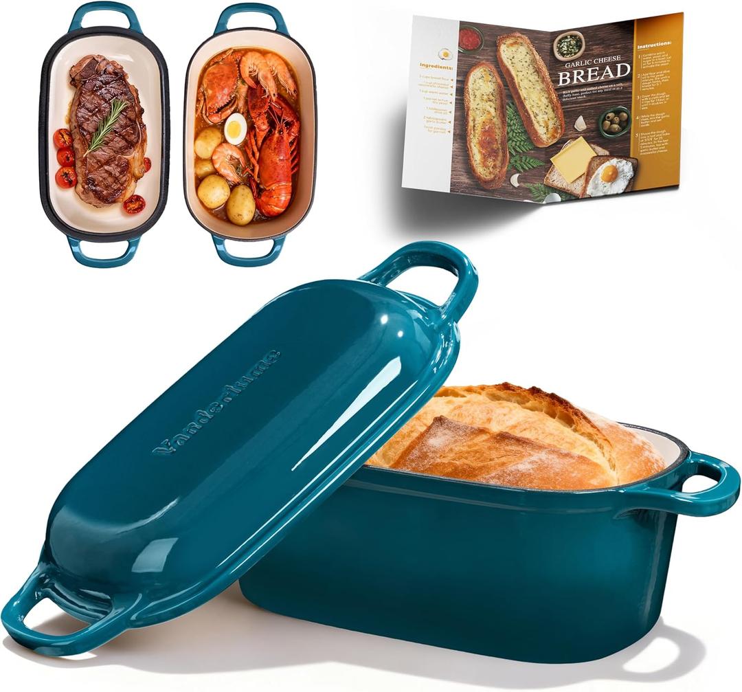 4.6-Quart Oval Dutch Oven for Bread Baking, 2 in 1 Enameled Cast Iron Bread Pan with Lid, Sourdough Bread Dutch Oven for a Crispy Crust, Teal