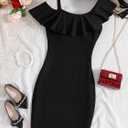 SOLY HUX Girl's Cold Shoulder Ruffle Short Sleeve Bodycon Mini Dress Ribbed Knit Party Dress Pure Black 13-14Y