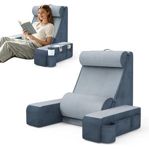 Reading Pillow, Back Pillow for Bed with Adjustable Headrest & Independent Lumbar Support, Detachable Armrest Sit Up Pillow for Bed, Dual Side Storage Pockets for Reading Gaming Nurs Sofa (Basic)