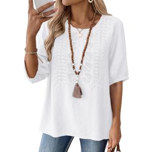 Kistore Women's Embroidered Blouses 2026 Short Sleeve Lace Trim Crew Neck Trendy Casual Tops Pullover Shirts (White, XXL)