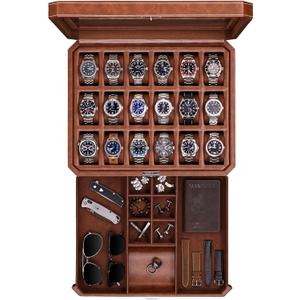 ROTHWELL 18-Slot Watch Case with Drawer  Luxury Watch Box for Men, Real Glass Top, Lockable, Display Case for Collections (Tan/Brown)