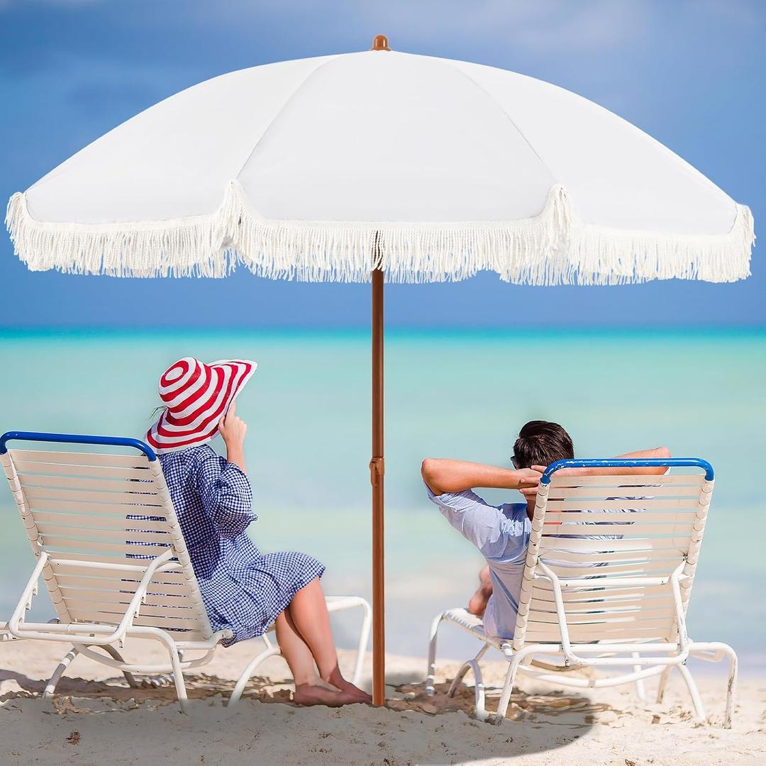 Aoxun 7ft Patio Umbrella with Fringe,Outdoor Beach Umbrella with Aluminum Pole, Ribs Push Button Tilt and Carry Bag, UV 50+ Picnic Tassel Umbrella (White)