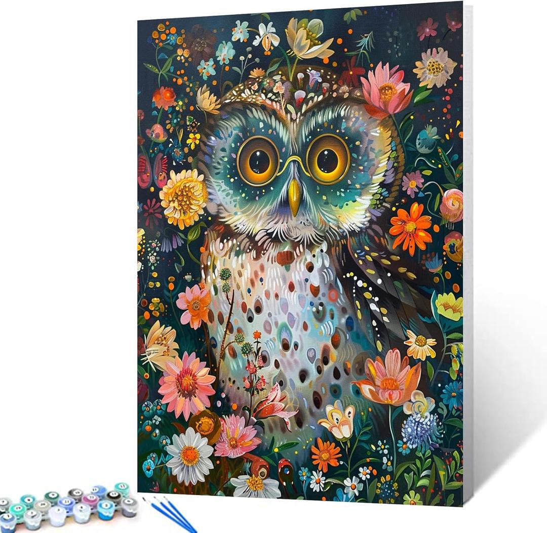 Tucocoo Joyful Owl Wear Glasses Paint by Numbers Kits with Brushes and Acrylic Pigment on Canvas Painting for Adults, Abstract Animal Flowers Picture for Home Wall Decor Gifts 16''x20'' (DIY Framed)