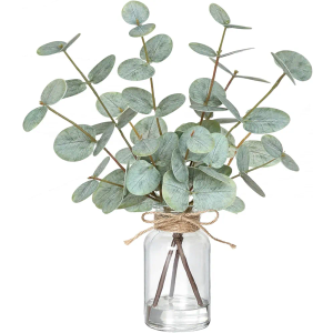 Fake Eucalyptus Stems in Vase with Faux Water,Artificial Plants Eucalyptus Leaves for Shelf Desk Bathroom Farmhouse Room Coffee Table Faux Greenery Plants Decorations (Green)
