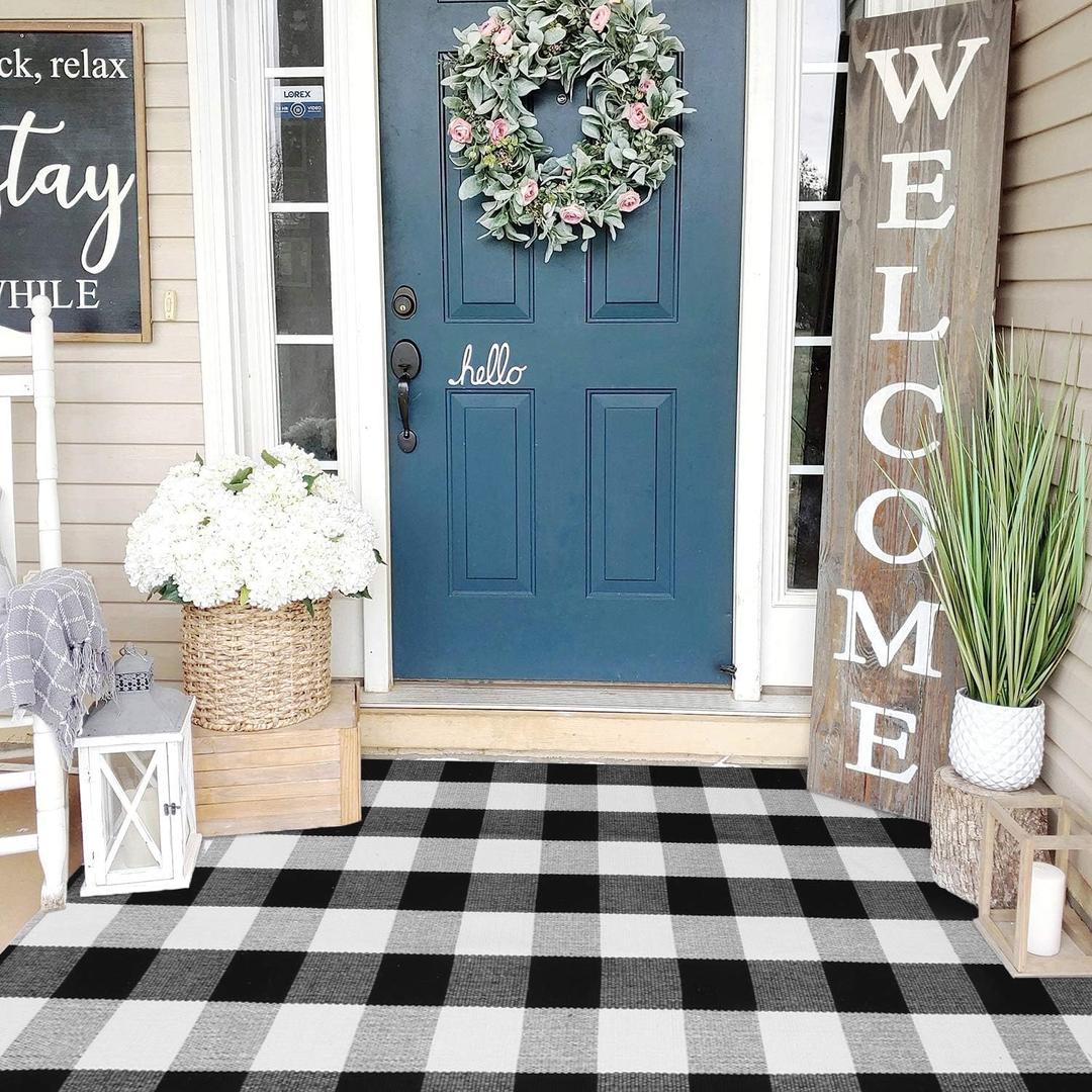 KIMODE Buffalo Plaid Outdoor Rug 3x5, Farmhouse Cotton Front Door Mat, Washable Black and White Checkered Rug Spring Outdoor Decor for Welcome Layered Door Mat Front Porch Entryway Kitchen