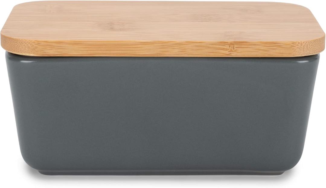 Nat & Jules Ceramic Stoneware 1/2 Pound, 2 Sticks Butter Dish with Airtight Bamboo Lid, Kitchen Accessory, Container Holder, Refrigerator Storage and Countertop Organization, Matte Grey