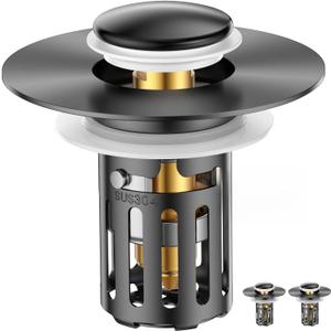 (2 Pc) Bathroom Sink Stopper-All Metal Sink Stopper-Universal Fit 99% Bathroom Stopper with Removable Stainless Steel Hair Catcher- Basin (1.1'' to 2.36'' inch) - Black