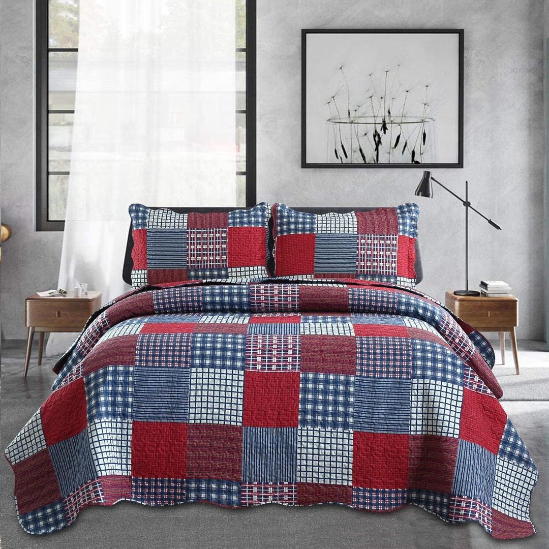 Jessy Home Plaid Quilt Set Queen Bedspreads Coverlet Set Red Blue White Patchwork Queen Size Quilt Set Bedding Soft Lightweight Quilts Coverlet Country Reversible Quilt Bed Spread with 2 Pillow Shams